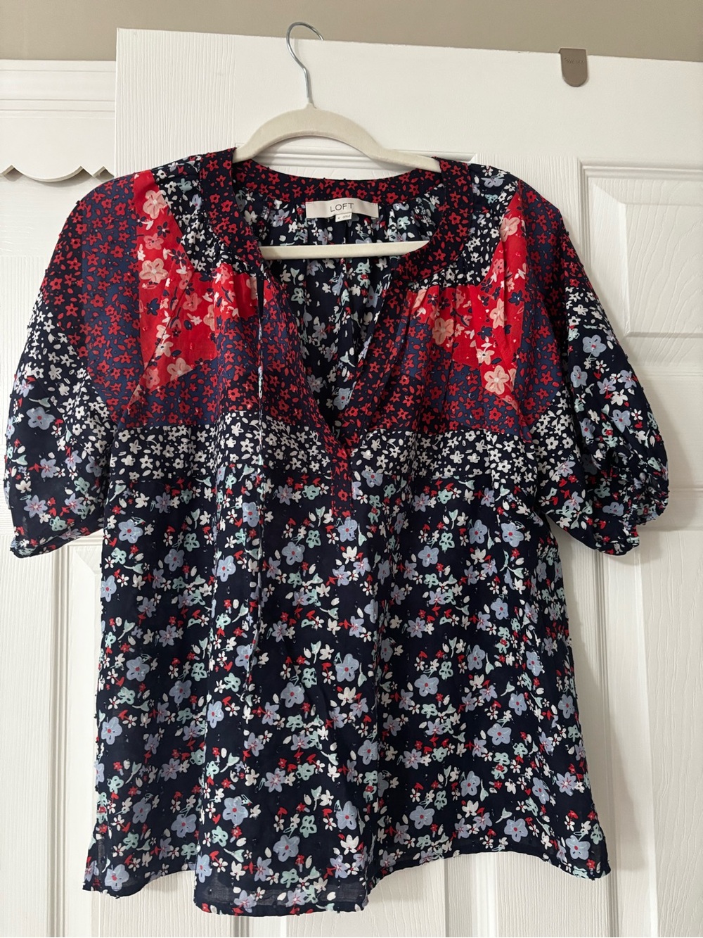 LOFT Navy Blouse with Red Floral Patchwork